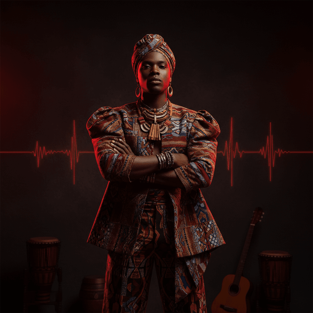 An African artist in traditional dress surrounded by instruments